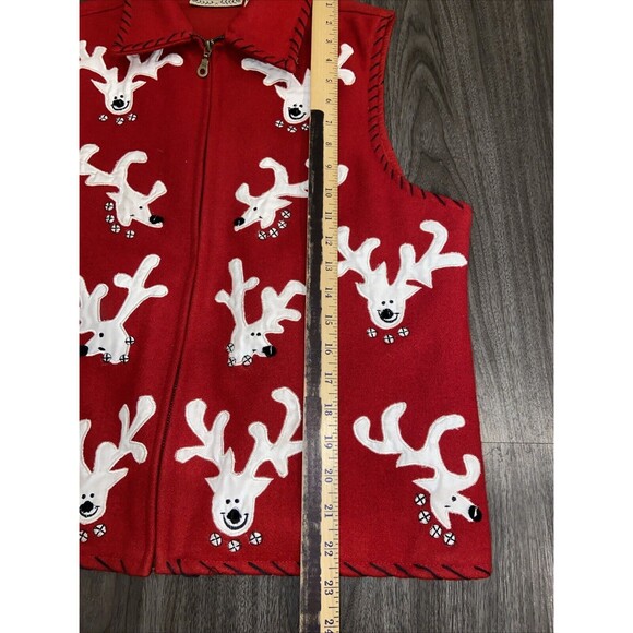 Life Style Red Christmas Vest Reindeer Appliques Full Zip Wool Women's LARGE - Picture 11 of 16